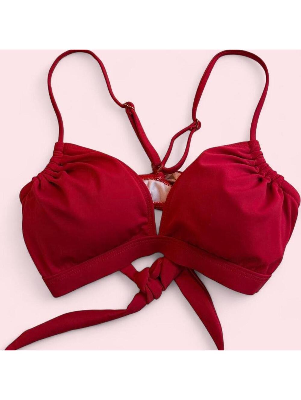 ❤️ Red Ruched Tie-Back Bikini Top — Small